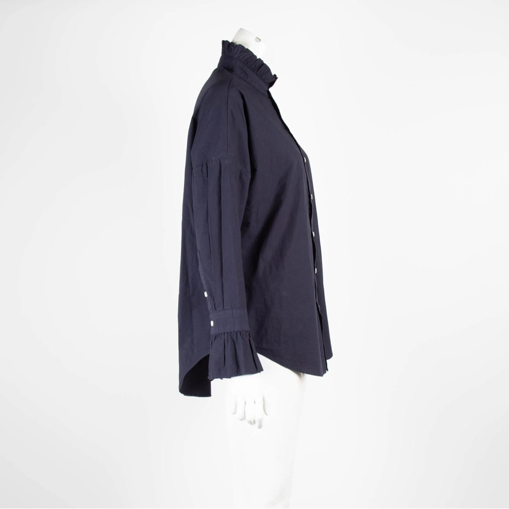 Alex Mill Navy Ruffle Neck Blouse Womens XS Cotton Elegant Trendy Button Up - Picture 2 of 8